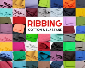 Puede incluir: Una cuadrícula de varias muestras de tela acanalada de algodón y elastano. El texto central dice RIBBING COTTON & ELASTANE. Las muestras de tela muestran una textura acanalada en un amplio espectro de colores, incluyendo rojo, azul, verde, amarillo, rosa, negro, blanco y gris.