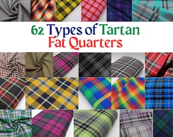 62 Types of  Tartan Fabric Fat Quarters: Polyviscose Material for Sewing & Crafts, size 50cm x 70cm (19.7'' x 27.56''), weight 190gsm.