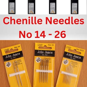 Könnte beinhalten: Drei gelb-schwarze Einzelhandelsverpackungen mit John James Chenillenadeln in den Größen 14, 16 und 18/24. Jede Packung zeigt den Markennamen, die Größe und die Anzahl der Nadeln, die durch einen weißen Kunststoffstreifen fixiert sind.