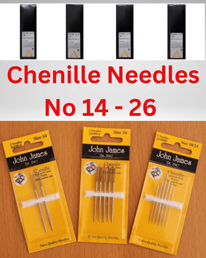 May include: Three yellow and black retail packages of John James chenille needles in sizes 14, 16, and 18/24. Each package displays the brand name, size, and quantity of needles held in place by a white plastic strip on a clear blister card.
