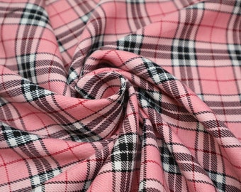 Pink Thompson Style Tartan Fabric - Polyviscose Fabric suitable for craft and clothing + matching thread. Tartan fabric by the yard.