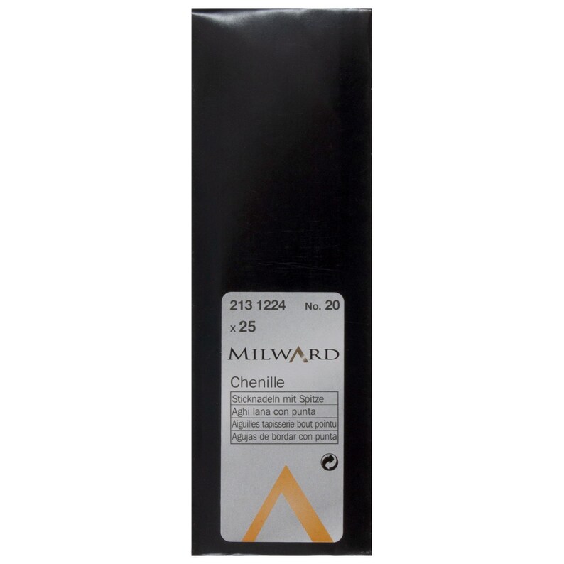 May include: A rectangular black package containing Milward brand Chenille needles, size No. 20. The white label features the text 213 1224, No. 20, x 25, Milward, Chenille, and various translations for pointed tapestry needles.