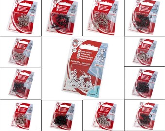 May include: A selection of Butterfly brand hooks and eyes in silver and black, packaged on red and white cards. The packaging includes product details and measurements of 10-6 mm. Made in the Czech Republic.