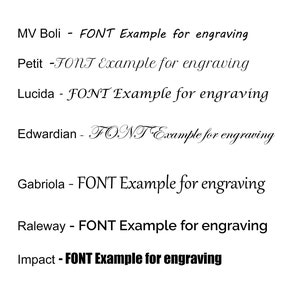 May include: A list of different fonts with the text "FONT Example for engraving" written in each font.