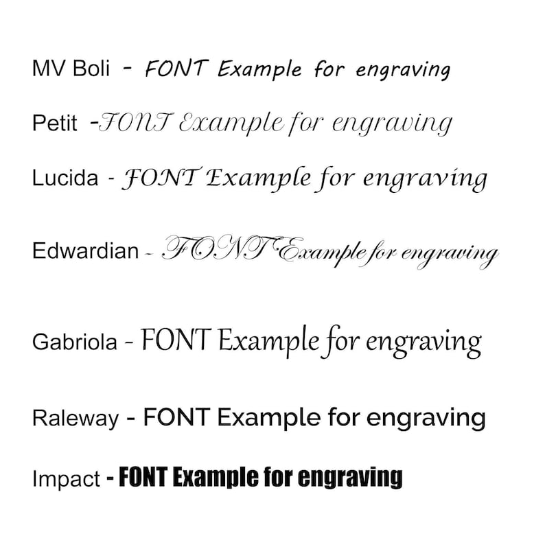 May include: A list of different fonts with the text "FONT Example for engraving" written in each font.