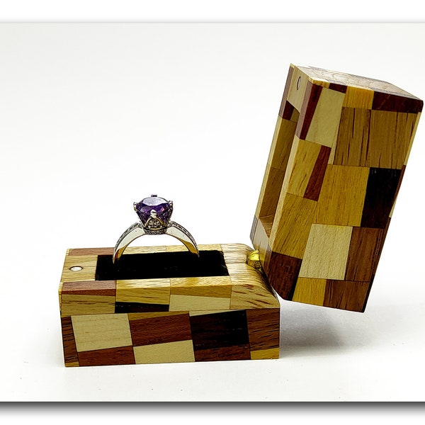 Unique engagement wood ring box. Small wooden ring holder for gift. Luxury wedding ring case handmade.