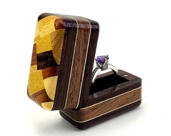 Wooden engagement ring box. Unique wood ring holder for proposal. Slim wedding ring box handmade.