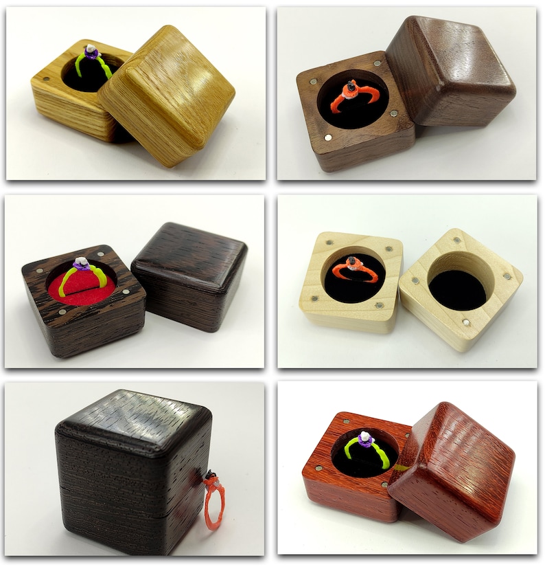 May include: Six different wooden ring boxes with velvet interiors. The boxes are made of various wood types, including walnut, cherry, and maple. The boxes are open and closed, showing the interior and exterior of the boxes.