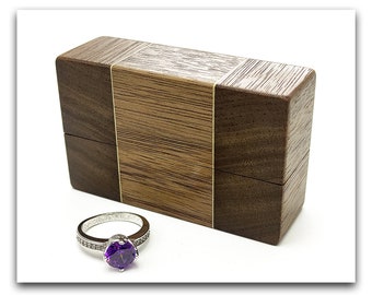 Compact engagement ring box from dark walnut wood . High quality slim wedding ring case. Handmade wooden proposal ring holder.
