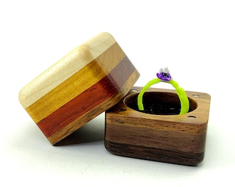 Rainbow engagement ring box. Unique wood ring holder for proposal. Small slim wedding ring box handmade.