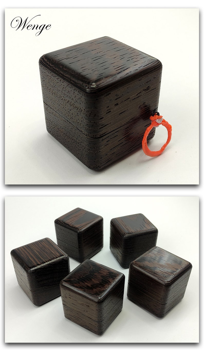 May include: Five small, dark brown wooden boxes with a wood grain pattern. The boxes are arranged in a circle with one box in the center.