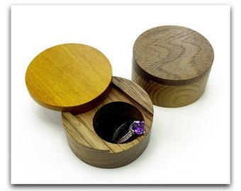 Unique round ring box proposal. Wooden ring holder engagement. Wood ring box for wedding ceremony.