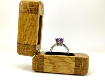 Engagement ring box from oak wood. Unique proposal ring case for wedding. Compact wooden ring holder handmade.