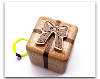 Wood engagement ring box with bow for proposals from ash. Compact wooden ring case for gift. High quality ring holder box for wedding.