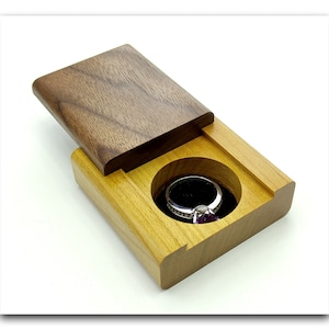 Unique wooden ring box engagement. Compact wood proposal ring holder. Luxury ring bearer box for wedding.