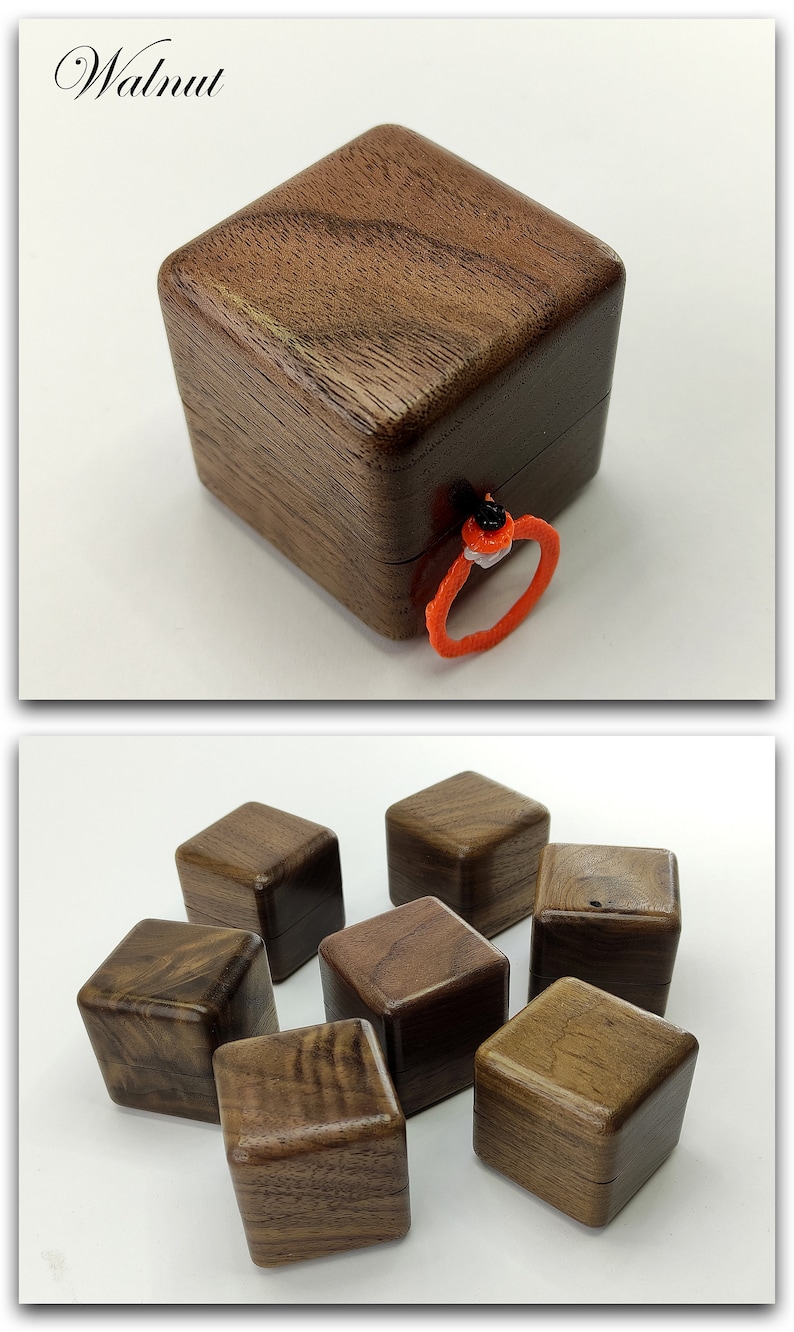 May include: Eight small, square, wooden boxes made of walnut wood. The boxes are arranged in a semi-circle on a white surface.
