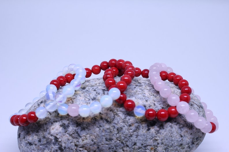 SWEET KISS Healing Gemstone Bracelet; Rose quartz and Dyed Red Coral Crystal Bracelet; Summer Gemstone Bracelet