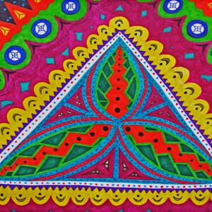 May include: A colorful, abstract triangle design with a green, red, and blue pattern. The triangle is surrounded by a border of yellow, white, and blue.