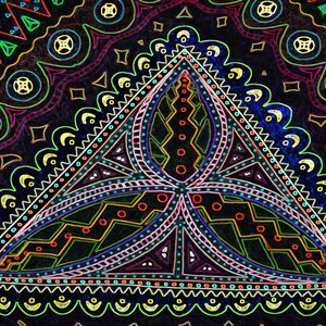 May include: A colorful, intricate design with a central triangle shape. The design features a variety of geometric patterns and shapes, including circles, triangles, and zigzags. The colors are bright and vibrant, including red, green, blue, yellow, and purple.