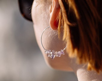 Boho wedding earrings, ametrine crystal jewelry, purple crystal earrings, bohemian silver hoop earrings, lilac sterling silver jewellery