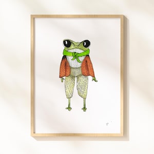 Cozy Knitted Frog Art Print | Cute Hand‑Drawn Frog Illustration | Fancy Frog Original Art | Digital Download 3 sizes 4×6 8×10 11×14 High Res
