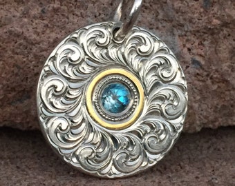 Hand Engraved Sterling Silver Pendant with 24 Karat Gold and Blue Topaz