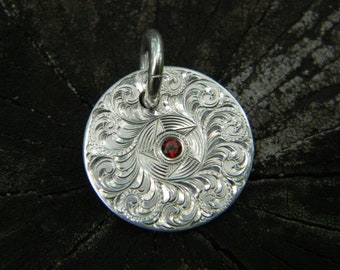 Hand Engraved Bright Cut Star Scroll Sterling Silver Pendant with Garnet