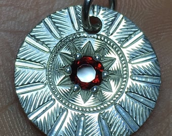 Hand Engraved Sparkling Sterling Silver Pendant with Star Set Garnet Stone