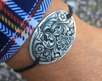 Hand-Engraved Sterling Silver Flower and Scroll Corded Bracelet