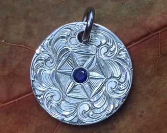 Hand Engraved Bright Cut Star Scroll Sterling Silver Pendant with Sapphire