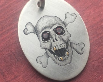 Custom Hand-Engraved Skull and Crossbones Pendant with Garnet Stones and 24 Karat Gold Inlay