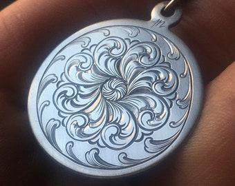 Hand Engraved Bright-Cut with Flowing Scroll Design Nickel Silver Pendant Key Tag