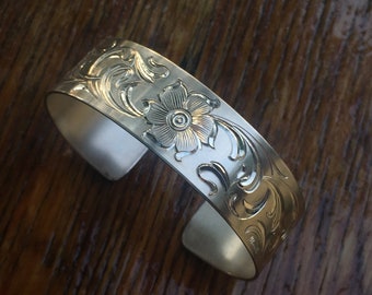 Hand Engraved "Western Bright-Cut" Sterling Silver Flower Large Cuff Bracelet