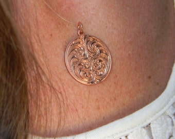 Hand Engraved Flowing Symmetrical Sparkling Scroll Design Copper Pendant