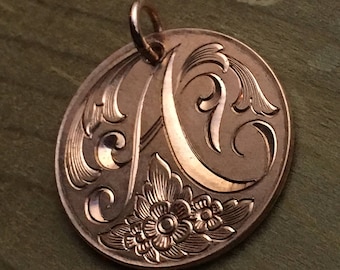 Hand Engraved "A" Initial Flowing Scroll and Flower Design Copper Pendant