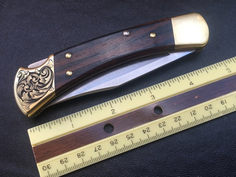 Custom Hand-Engraved Inked Flowing Scroll Buck 110 Folding Knife With Personalization Option image 9