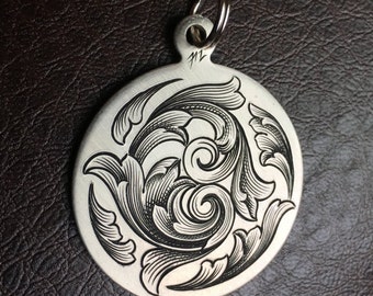 Hand Engraved Swirling Scroll Design Nickel Silver Pendant