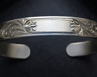 Hand Engraved "Western Bright-Cut" Flowing Scroll Sterling Silver Bracelet (With Personalization Option)