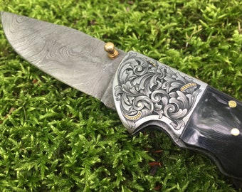 Hand Engraved 24 Karat Gold Inlayed Scroll Filigree Folding Hunter Pocket Knife With Damascus Blade and Buffalo Horn Handle