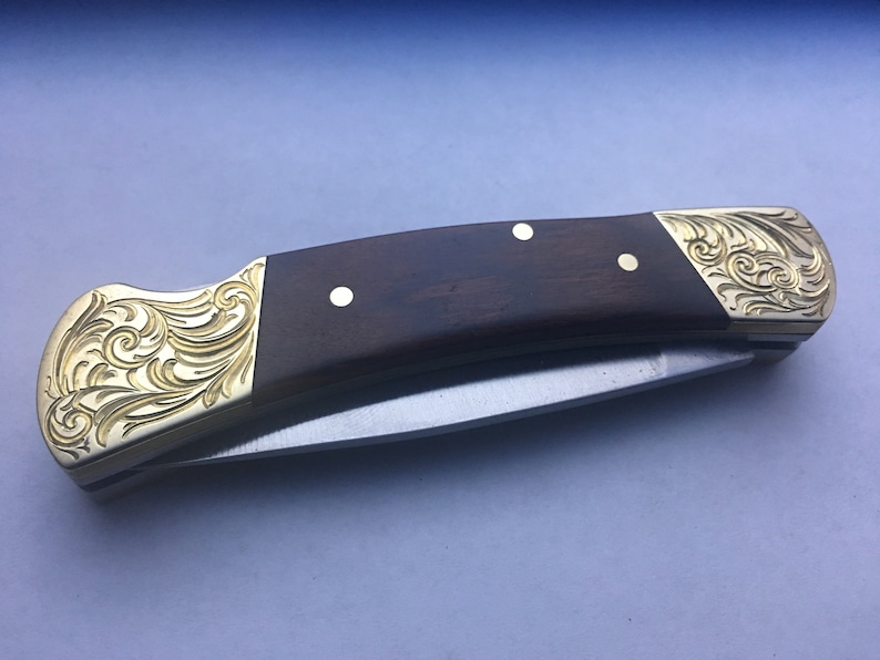 Custom Hand Engraved Brightcut Scroll Design Folding Knife Etsy