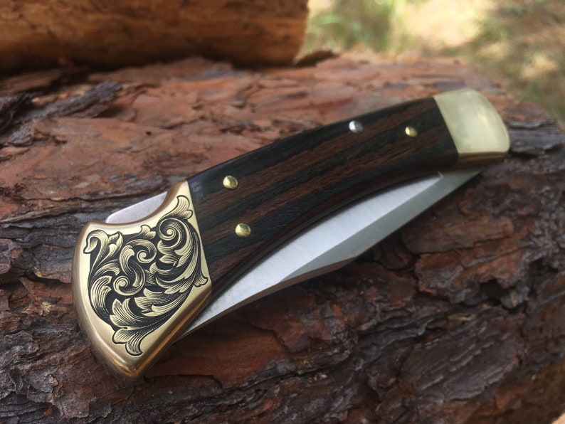 Custom Hand-Engraved Inked Flowing Scroll Buck 110 Folding Knife With Personalization Option image 4