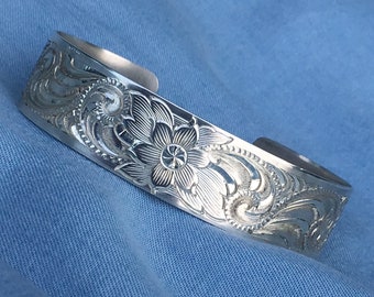Hand Engraved "Western Bright-Cut" Sterling Silver Flower Cuff Bracelet