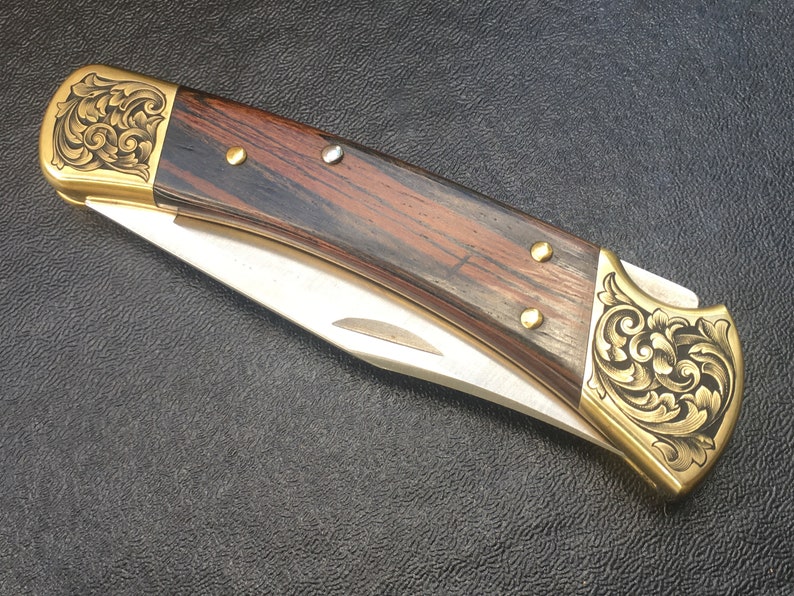 Custom Hand-Engraved Inked Flowing Scroll Buck 110 Folding Knife With Personalization Option image 8