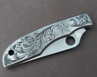 Custom Hand Engraved 'Texas Star' Scroll Spyderco “GrassHopper” Small Mini Folding Pocket Knife