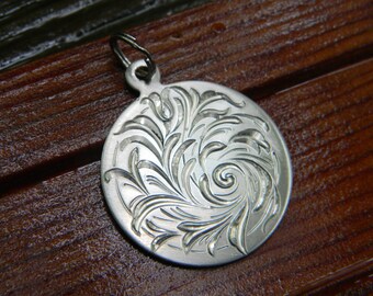 Hand Engraved Bright-Cut Flowing Scroll and Flower Design Nickel Silver Pendant