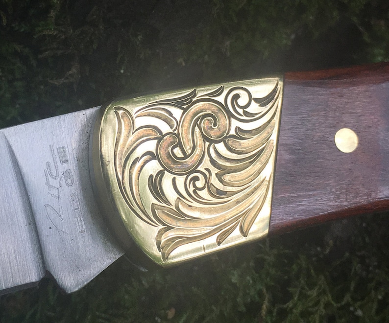 Custom Hand Engraved Brightcut Scroll Design Folding Knife Etsy