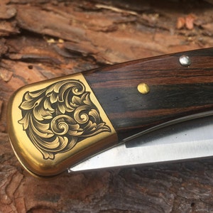 Custom Hand-Engraved Inked Flowing Scroll Buck 110 Folding Knife With Personalization Option image 2