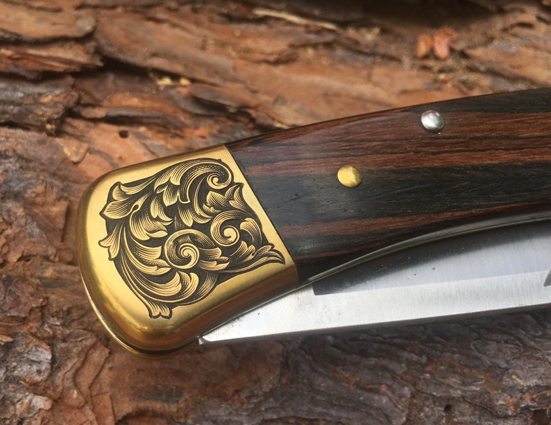 Custom Hand-Engraved Inked Flowing Scroll Buck 110 Folding Knife With Personalization Option image 2