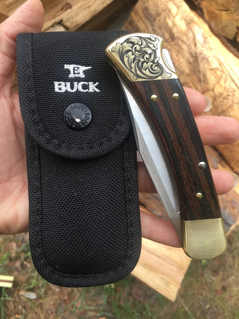 Custom Hand-Engraved Inked Flowing Scroll Buck 110 Folding Knife With Personalization Option image 3