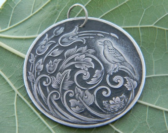 Hand-Engraved Sterling Silver "Signs of Spring" Pendant With robin and  bird nest